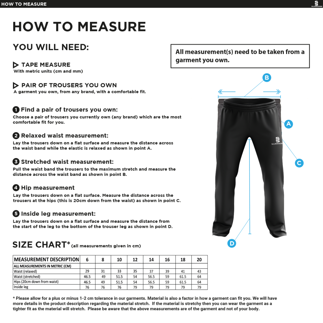 Cowes CC Ripstop Track Pant Navy - Size Guide