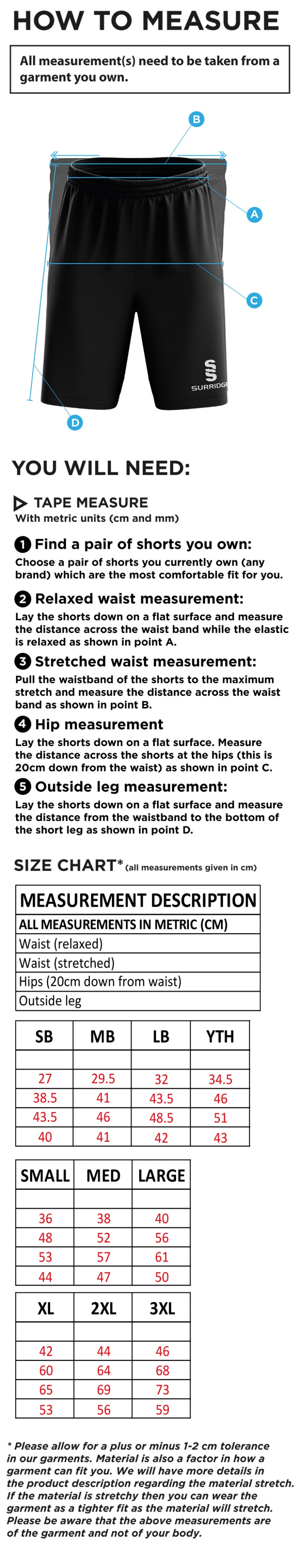 Cowes CC Ripstop Short Navy - Size Guide