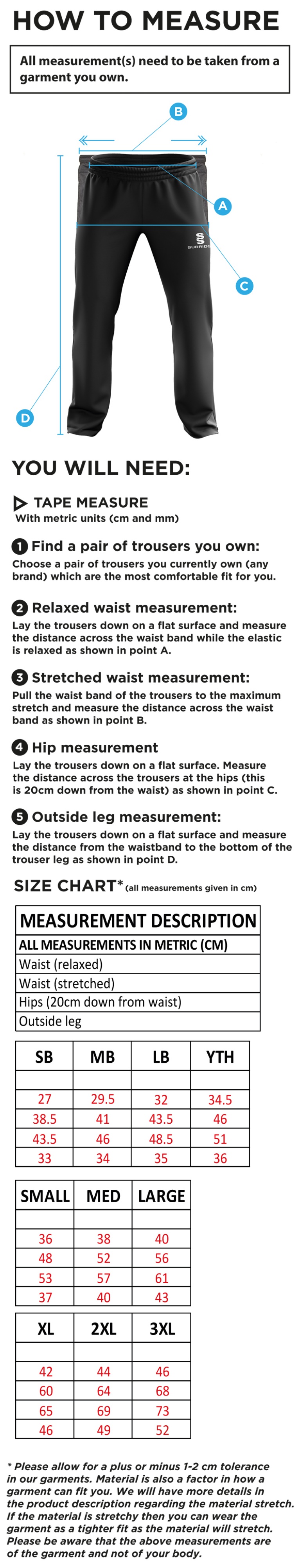 Cowes CC Ripstop Track Pant Navy - Size Guide