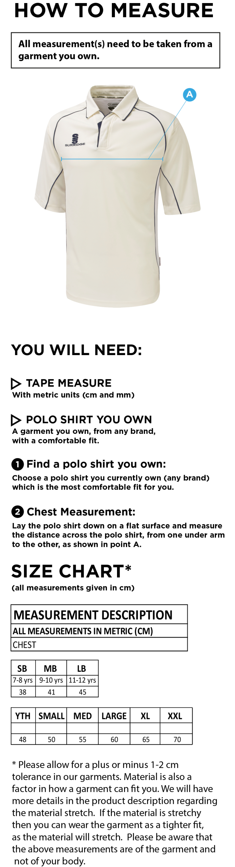 Cowes CC Premier 3/4 Sleeve Navy Trim Shirt - Size Guide