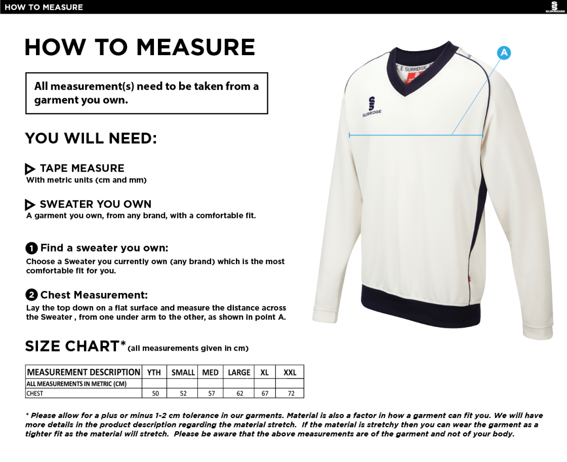 Cowes CC Long Sleeve Sweater Navy Trim - Size Guide