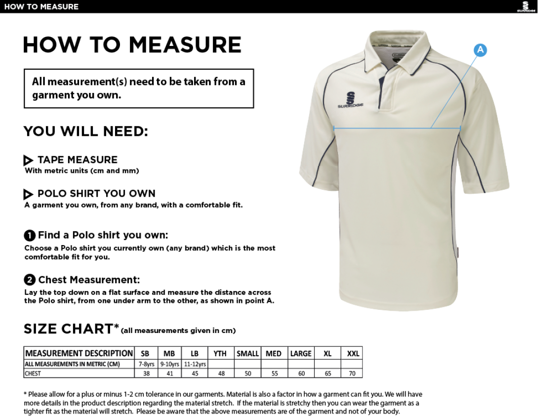 Cowes CC Premier 3/4 Sleeve Navy Trim Shirt - Size Guide