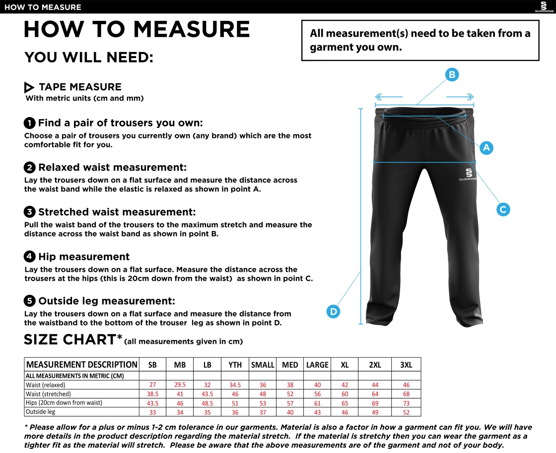 Cowes CC Ripstop Track Pant Navy - Size Guide