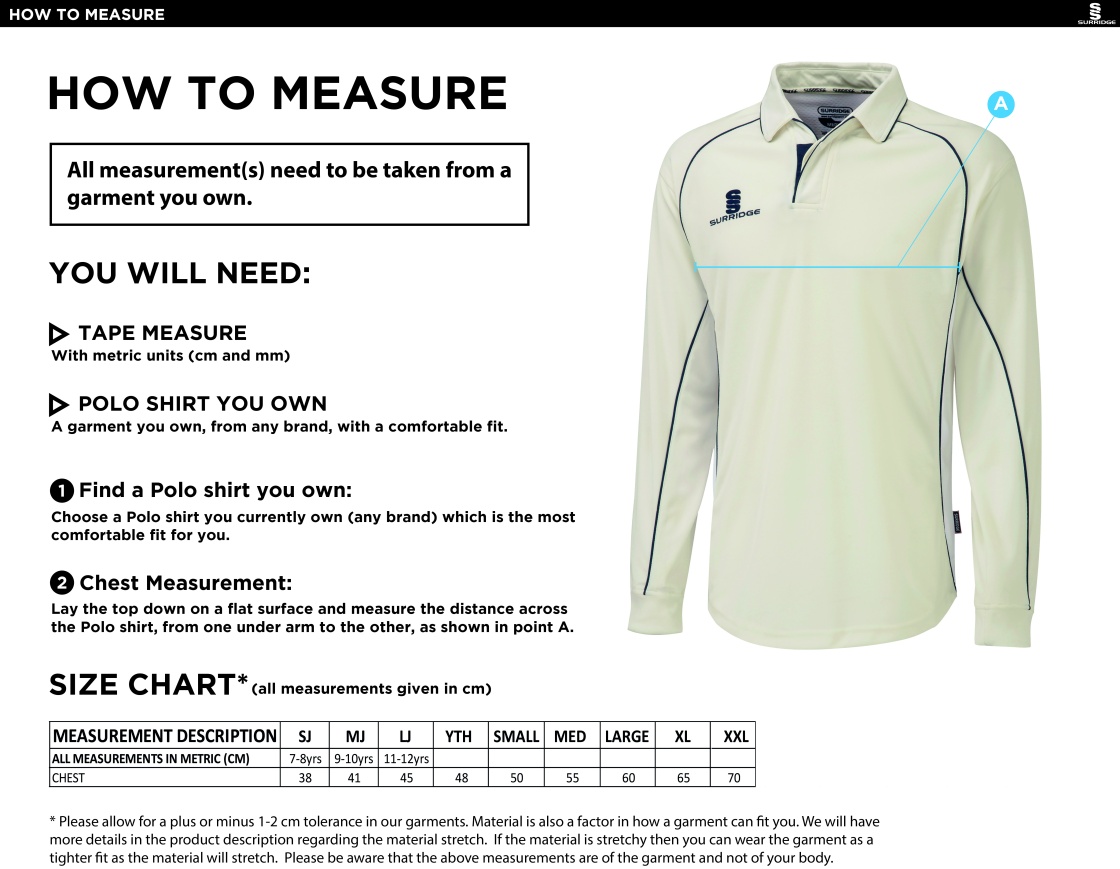 Cowes CC Premier Long Sleeve Navy Trim Shirt - Size Guide