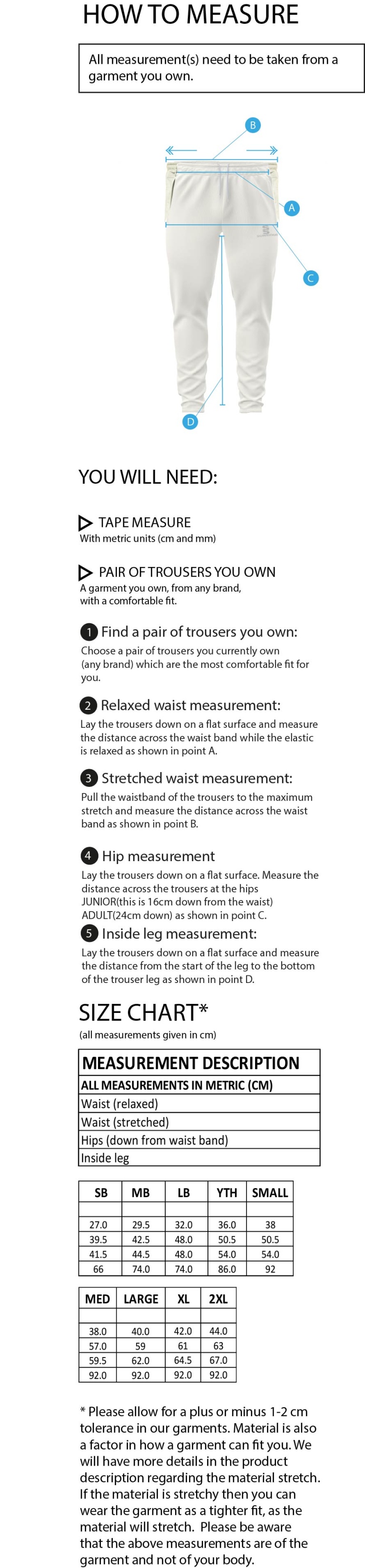Cowes CC Tek Playing Pant - Size Guide
