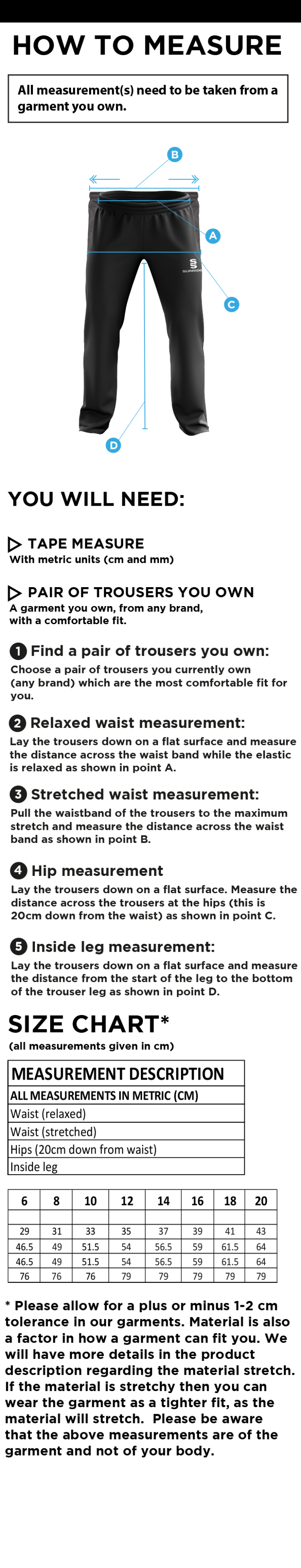 Cowes CC Ripstop Track Pant Navy - Size Guide
